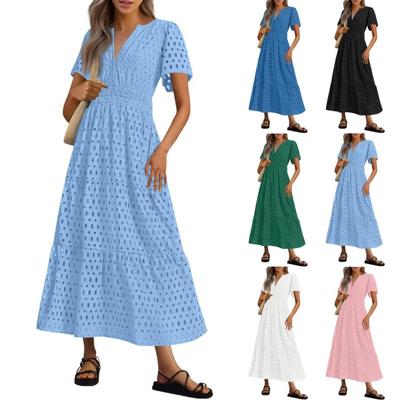 Summer Casual Lace Hollow Out Short Sleeve Solid Color Dress Women Long Dresses Fashion