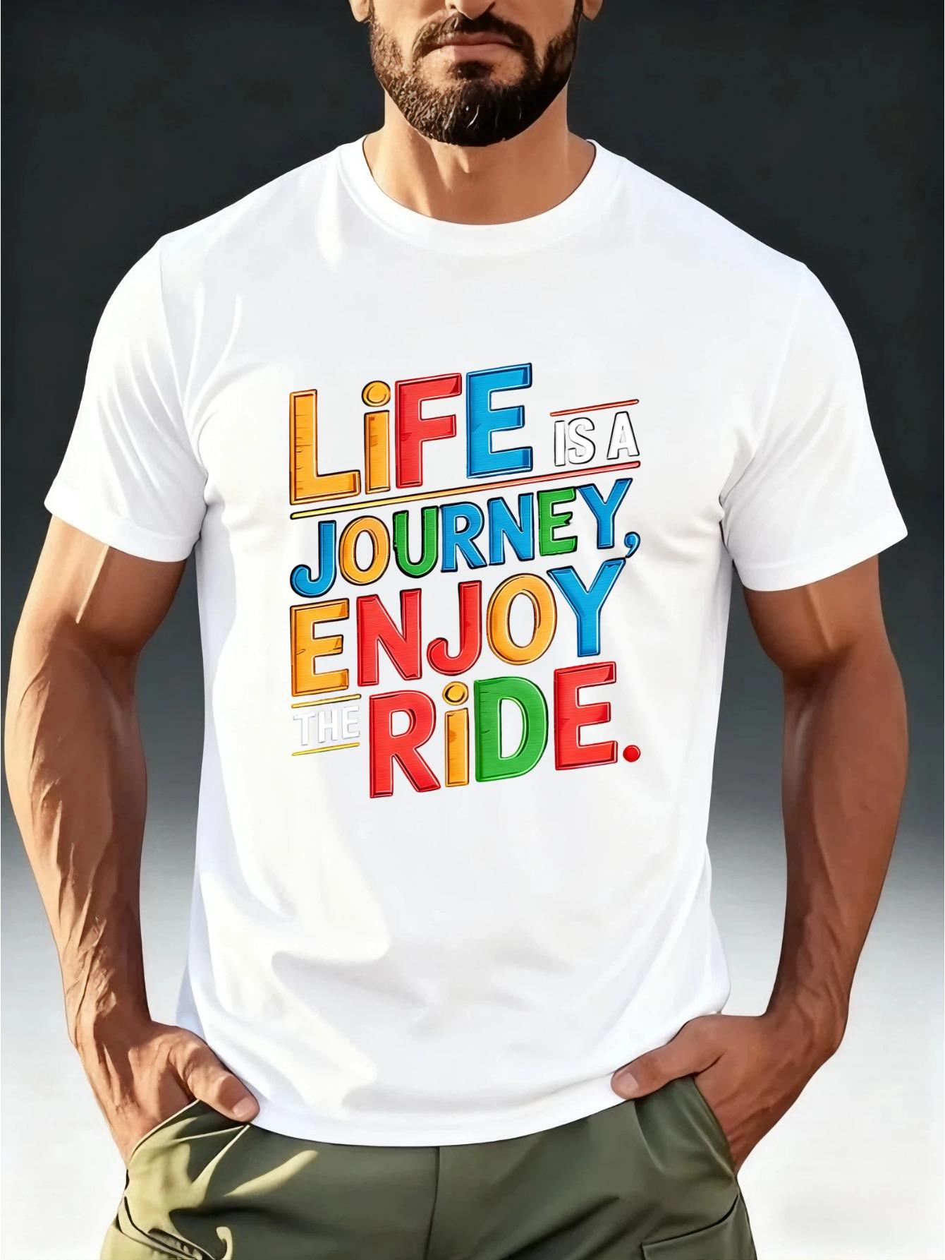 

Men S Fashion Short-Sleeve T-Shirt with The Inspirational Slogan LIFE IS A JOURNEY in Rainbow Print M