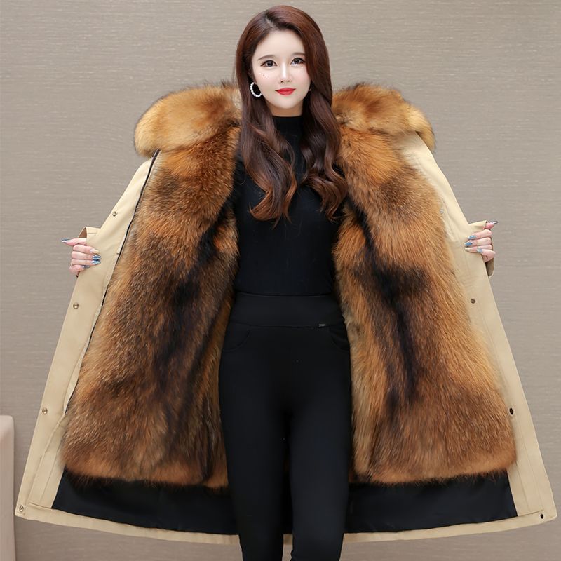 Haining Fashion Temperament Women Winter Coat Faux Fur Lined Detachable Hood Thick Warm Parka Jacket for Mother Coat