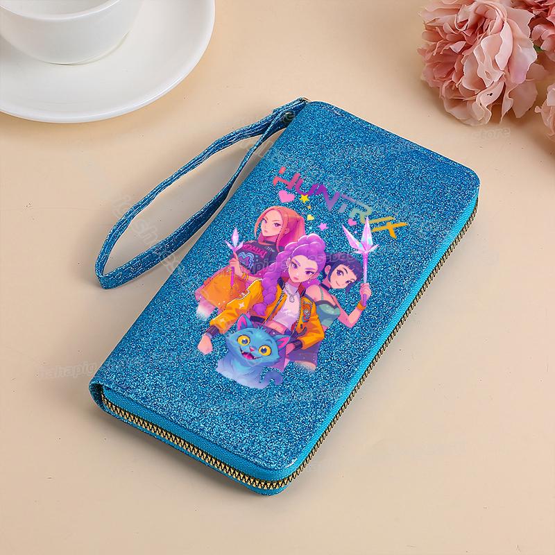 Vysoce kvalitní KPop Lovci démonů Dlouhá peněženka Dámské peněženky na zip Sequin Bling Koženka Kapsa na mince Držák na ID Kartu Dámské Clutch Peněženky