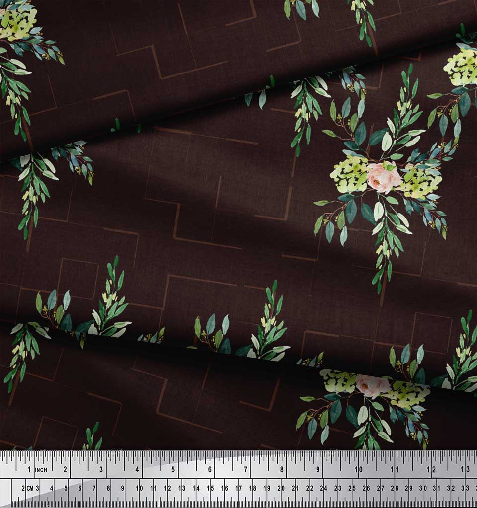 Soimoi Brown Poly Crepe Fabric Square & Leaves Printed Craft Fabric by the Metre 42 Inch