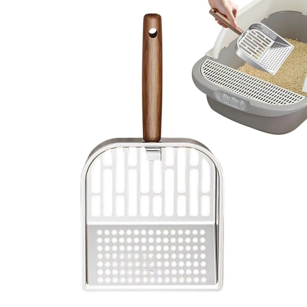 Stainless Steel Cat Litter Scoop Wooden Handle Long Handled Pet Waste Picker Deep Shovel Hollow Design Kitten Poop Scooper
