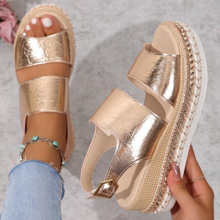 

Весна и лето, новые большие размеры, босоножки на танкетке с полым рыбьим ртом, женские туфли-муффины с блестящей пряжкой на плоской подошве 37