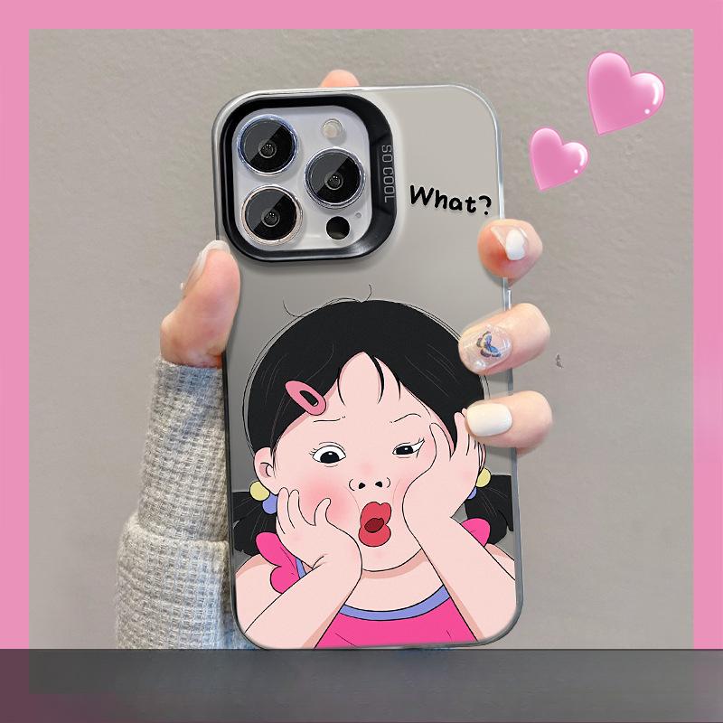 Applicable To Apple 15 Mobile Phone Case Iphone14 Funny Pouting Girl Stand 13promax Color Silver Matte High-end