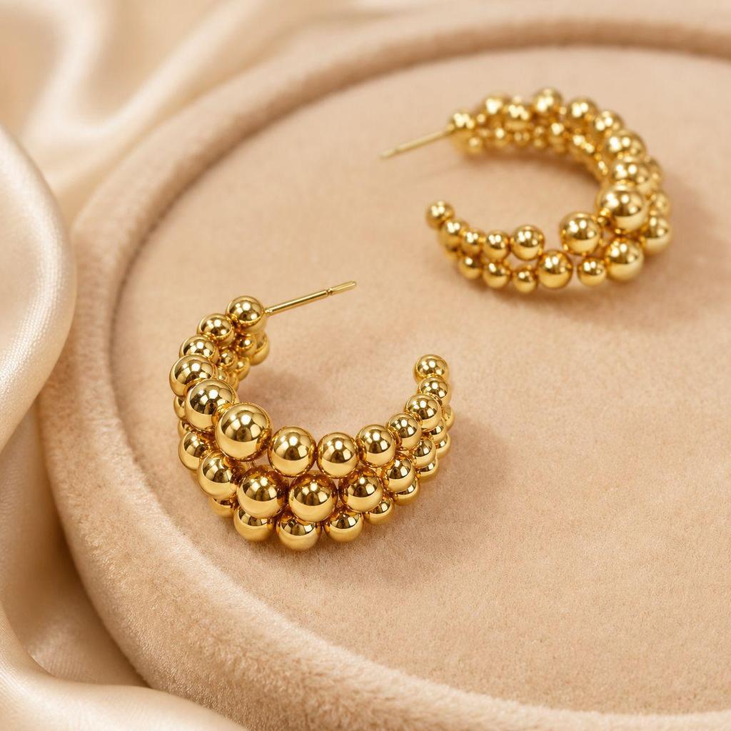Vintage-Style Three-Layer Gold Beaded Stainless Steel Earrings
