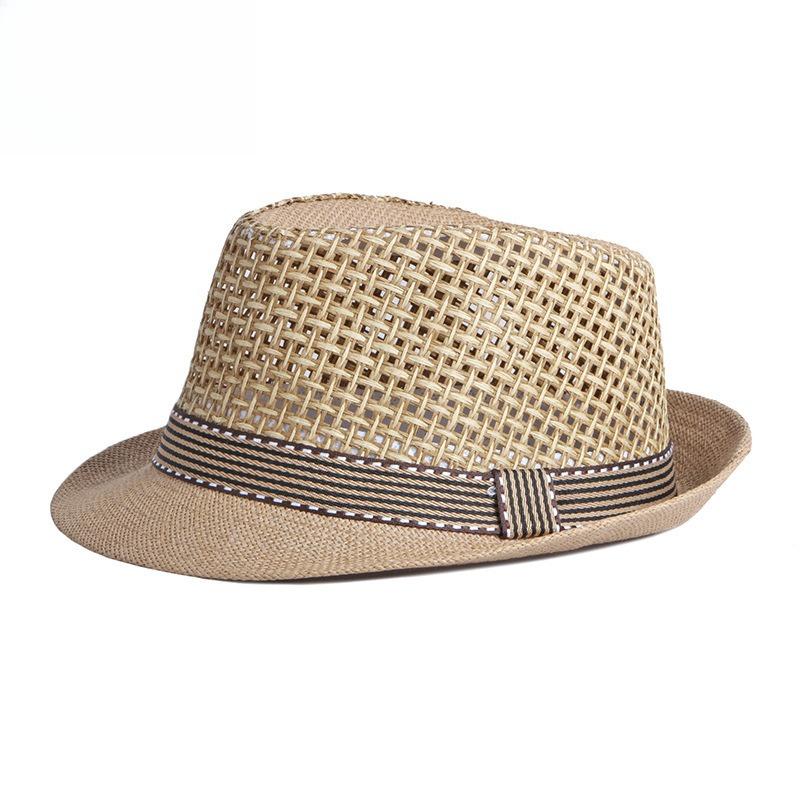 Unisex Summer Straw Fedora Hat Hollow Out Mesh Crown Panama Trilby Cap Striped Band Sun Protection Beach Travel Jazz Hat