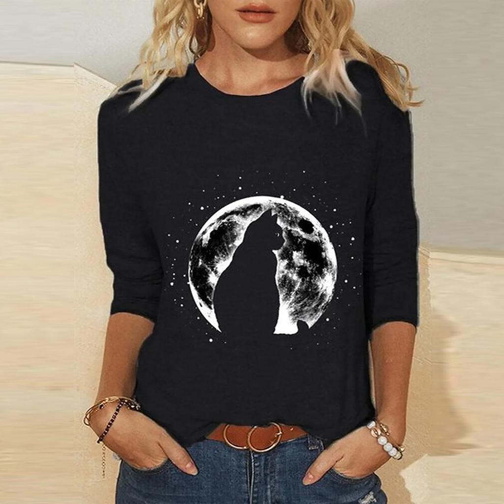 Women's Knitted Long Sleeve Animal Print Round Neck T-Shirt, European and American Style, 2023.