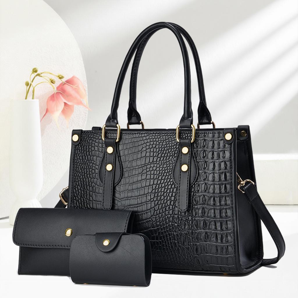 Women’s Trendy European Retro Crocodile Pattern Tote Bag Set, 3Pcs Convertible Top Handle Shoulder Crossbody Purse