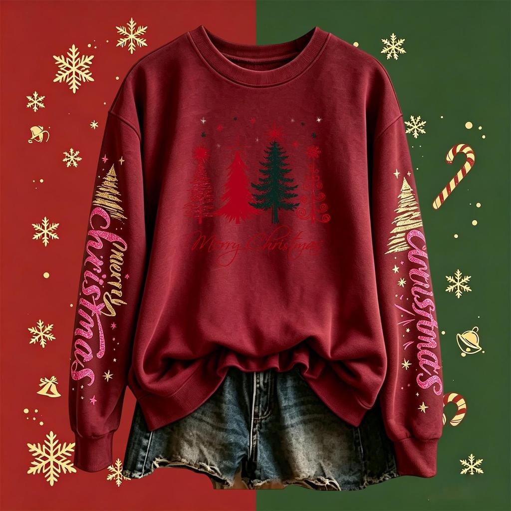 Women's Long Sleeve Christmas Print Crewneck Pullover Sweatshirt for Holiday Casual Wear
