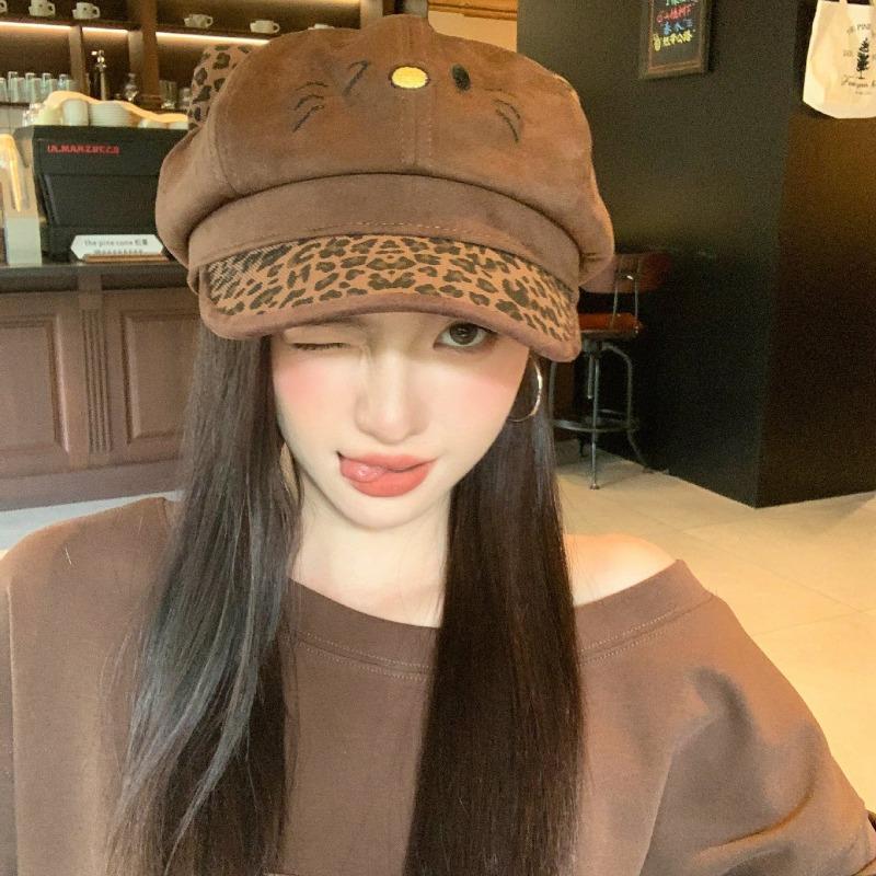 Cute Leopard Print Ears Octagonal Hat For Large Head Size Spring Autumn