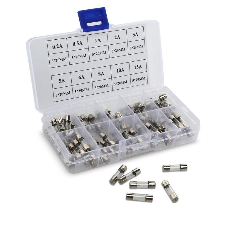 100Pcs 5x20mm Fast Blow 0.2A-15A Auto Car Truck Glass Tube Fuses Assorted Kit