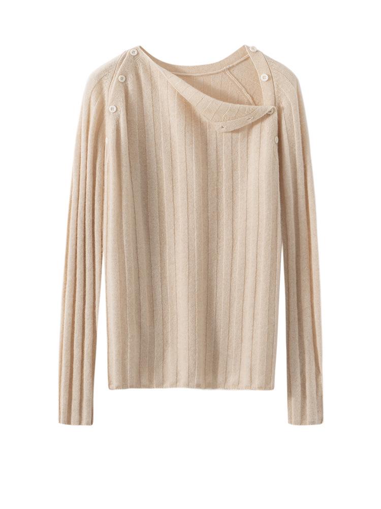 Women's Casual Cashmere Double-Breasted Round Neck Ribbed Sweater