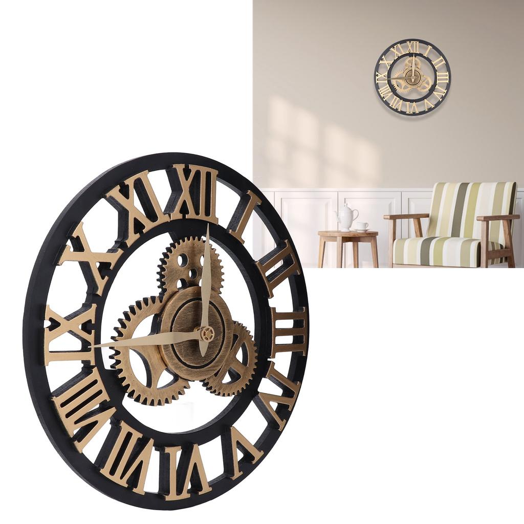 Large 3D Retro Wall Clock 34CM Vintage Wooden Gr Wall Clock Numerals Industrial   Clocks for Home Living Room Decoration