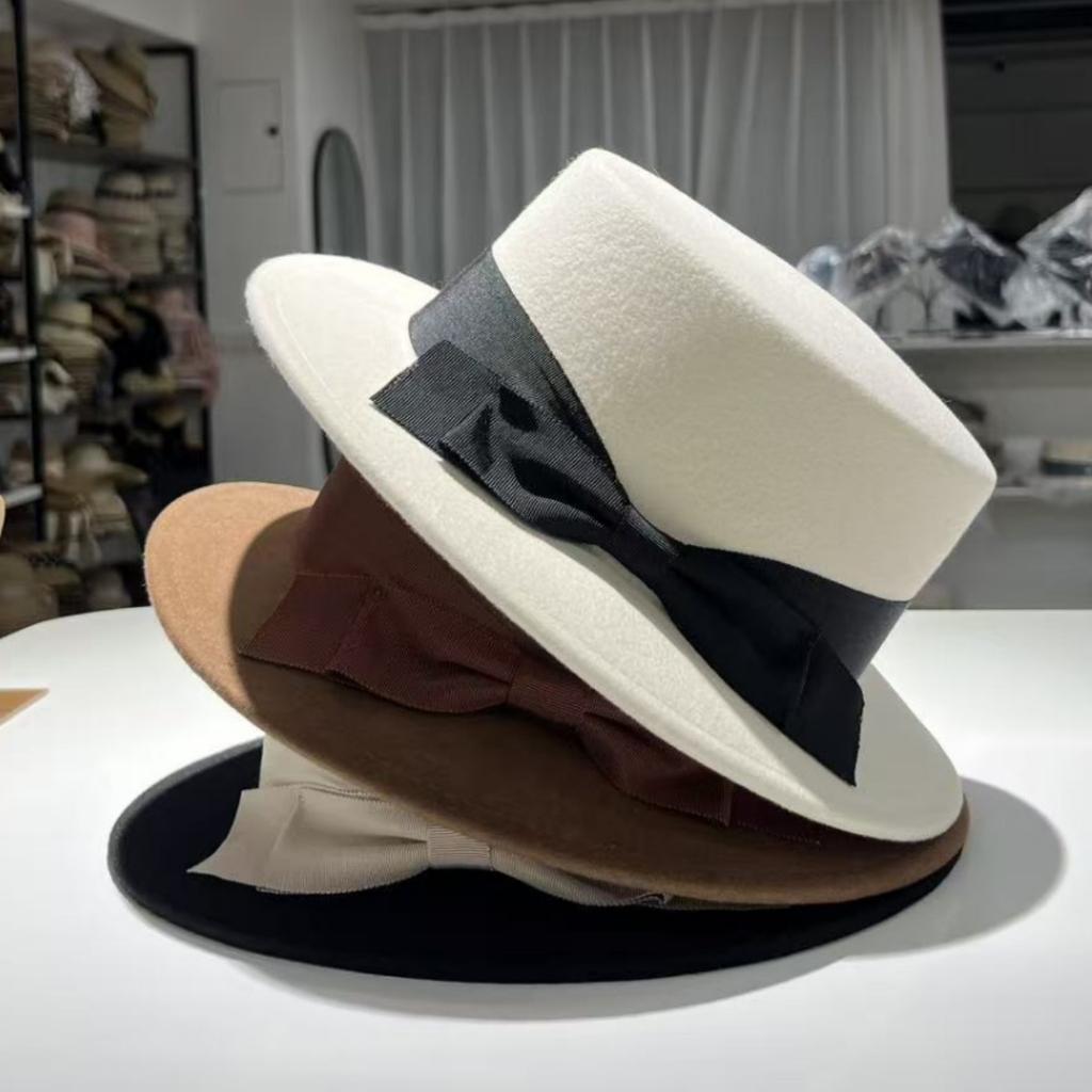 Export Quality Australian Wool Woolen Flat Top Top Top Hat Women's Autumn and Winter Bow Foreign Style French Versatile Basin Hat