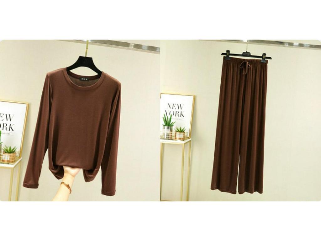 Damski jesienny zestaw piżamowy z bawełny modalnej – bluzka z długim rękawem i spodnie z szerokimi nogawkami