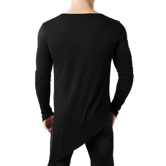 Herren T-Shirt Langarm Einfarbige Unregelmäßiger Saum Pullover Streetwear Warm Seitenschlitz Langer Stil Herren Frühlingstop Männliche Kleidung