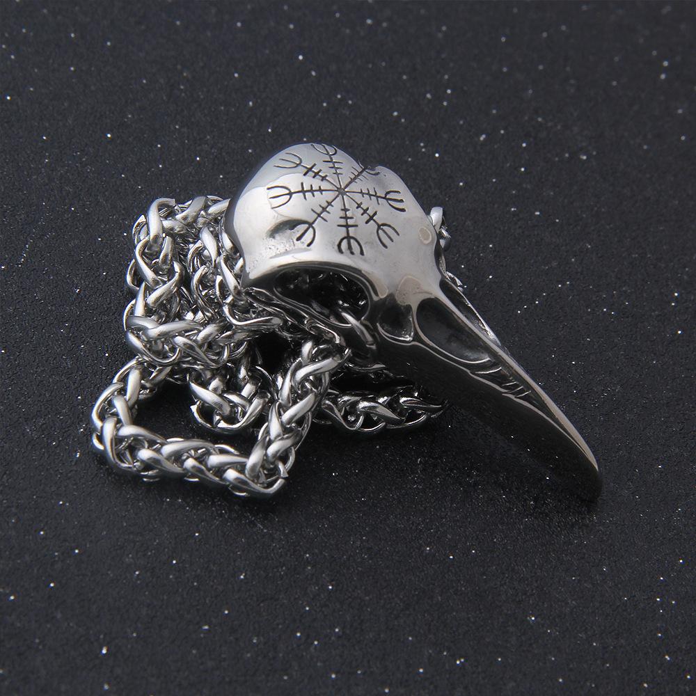Stainless Steel Raven Helm of Awe Pendant, Norse Mythology Viking Odin Skull Vintage Aegishjalmur Amulet Necklace for Men Women