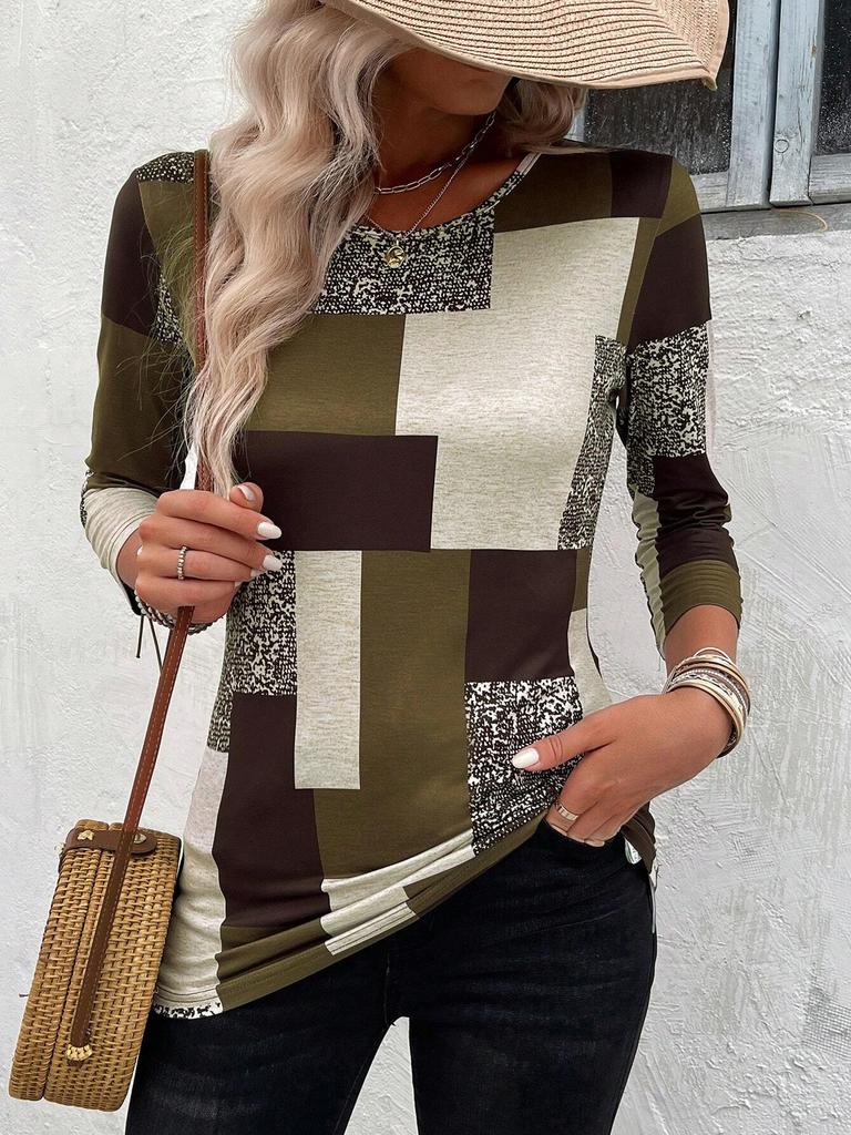 Women's 3D Color Block Plaid Print T-Shirt Fashion Long Sleeve Crew Neck Regular Top Holiday Weekend Spring Autumn