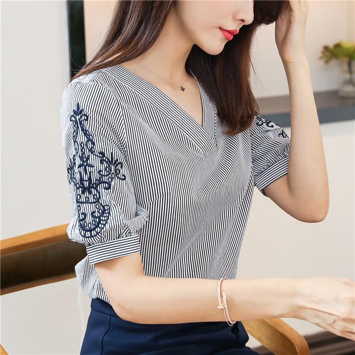 SURWENYUE Camicette estive in chiffon Camicie Top a righe moda Ricamo Manica corta Abbigliamento donna