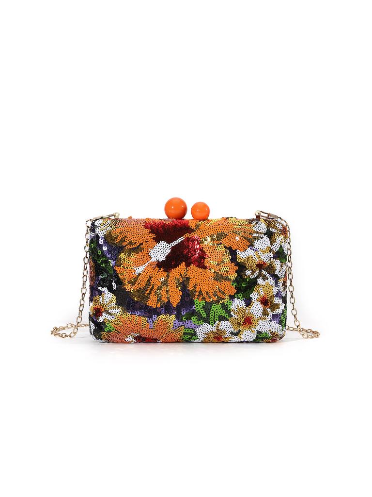 Contrast color flash flower sequin bead box clutch bag women's banquet satin dinner bag