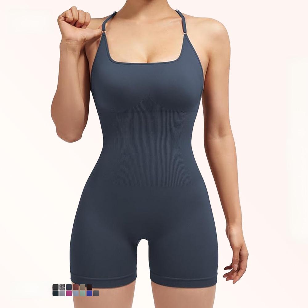 Nahtloser Yoga-Anzug mit Brustpolster - Damen Einteiler Fitness-Shorts & Schönes Rückendesign