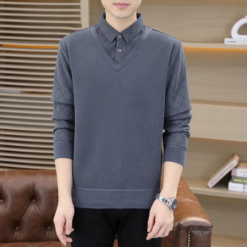 Men's Plush Velvet Sweater with Fake Two-Piece Shirt Collar
