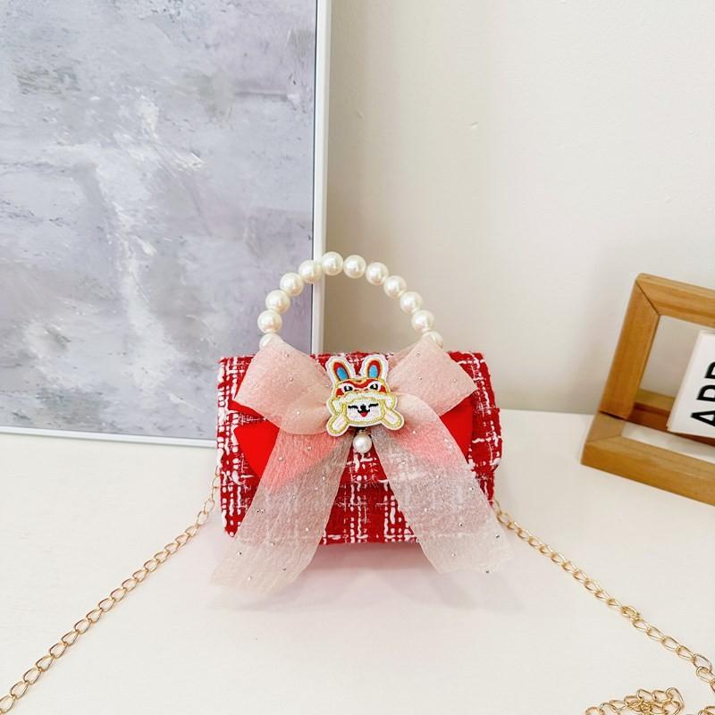 Red Cute Delightful Bowknot Childrens Handbag With Trendy Chain And Handle Pearl