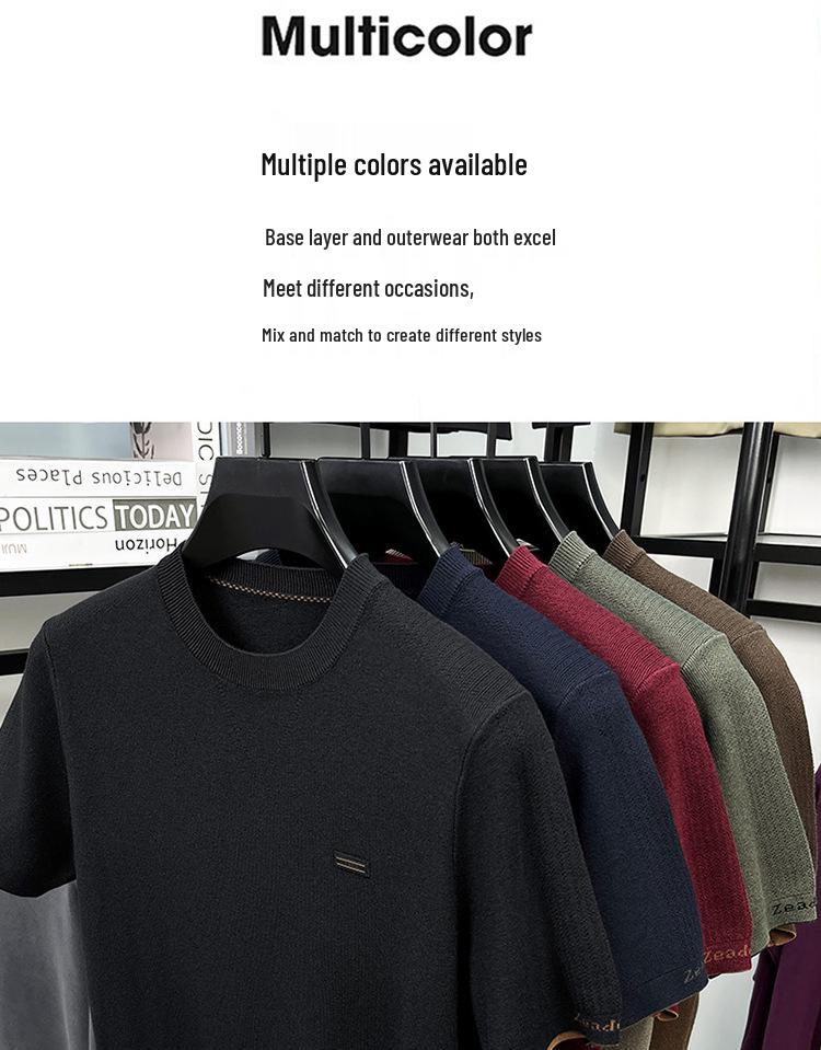 Men’s Autumn Winter Round Neck Short Sleeve Wool Base Layer - Skin-Friendly & Warm