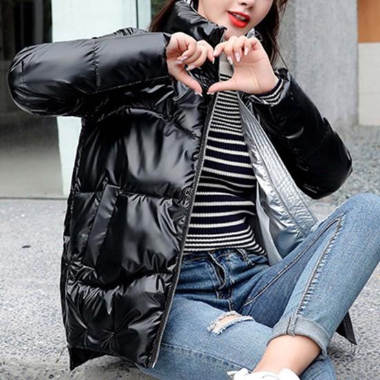 Side Zipper High Low Hem Women Coat Bright Surface Winter Women Stand Collar Puffer Jacket Outerwear