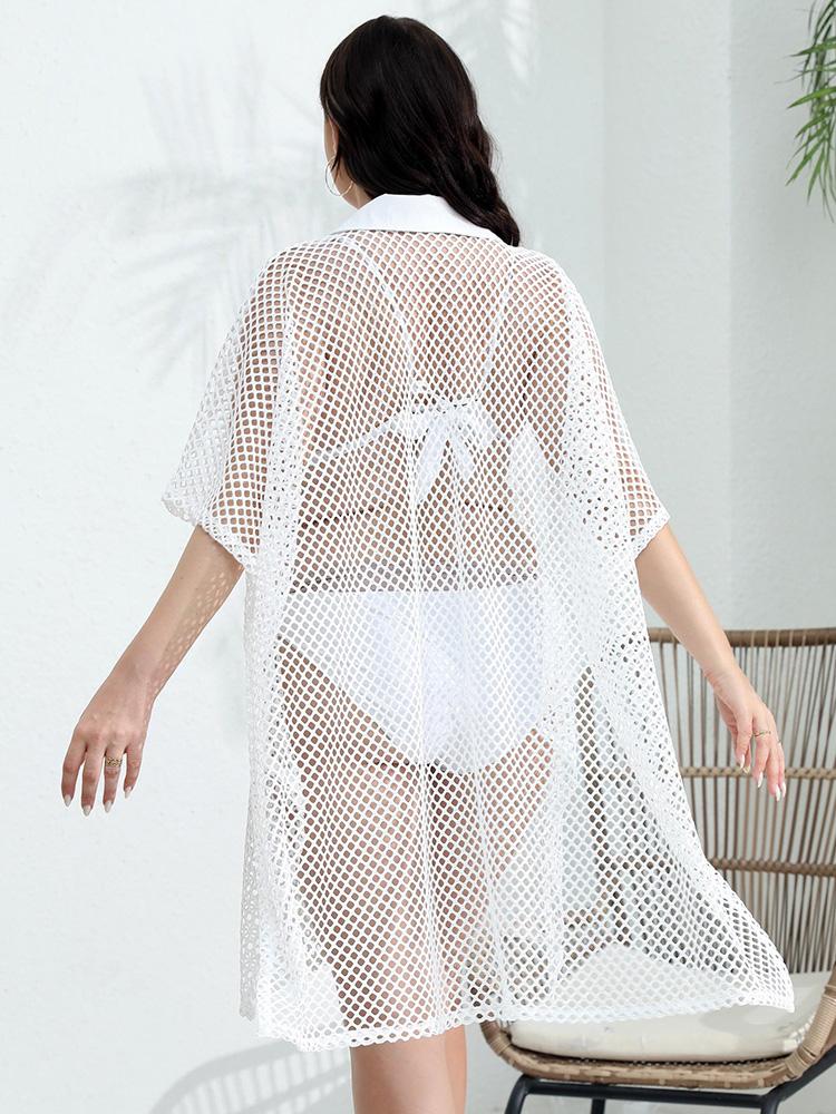 Aesthetic Casual Plus Size Mesh Patchwork Dress Women Fashion Design Loose Short Sleeve Dresses Female Summer Chic Hollow Out Lapel Clothing Lady