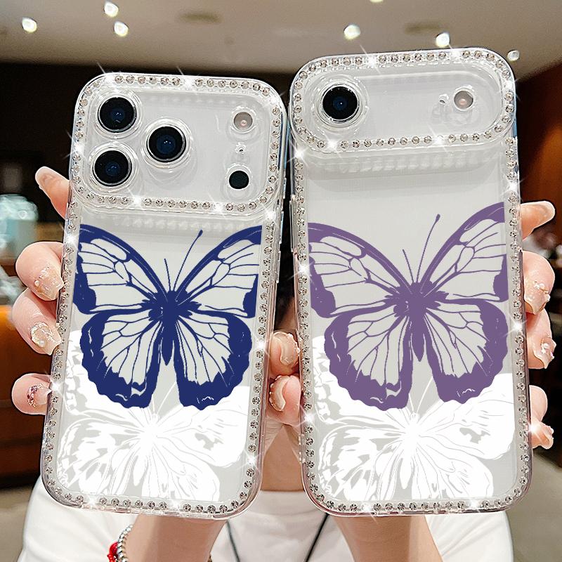 Luxury Bling Diamond TPU Phone Case For iPhone 17 Air 16e 16 14 15 13 17 Pro Max 15 16 Plus 17 Simple Butterfly Print ShockProof Case Cover