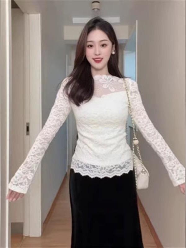 Women's 2025 Winter French Lace Long-Sleeve Mesh Base Layer Top