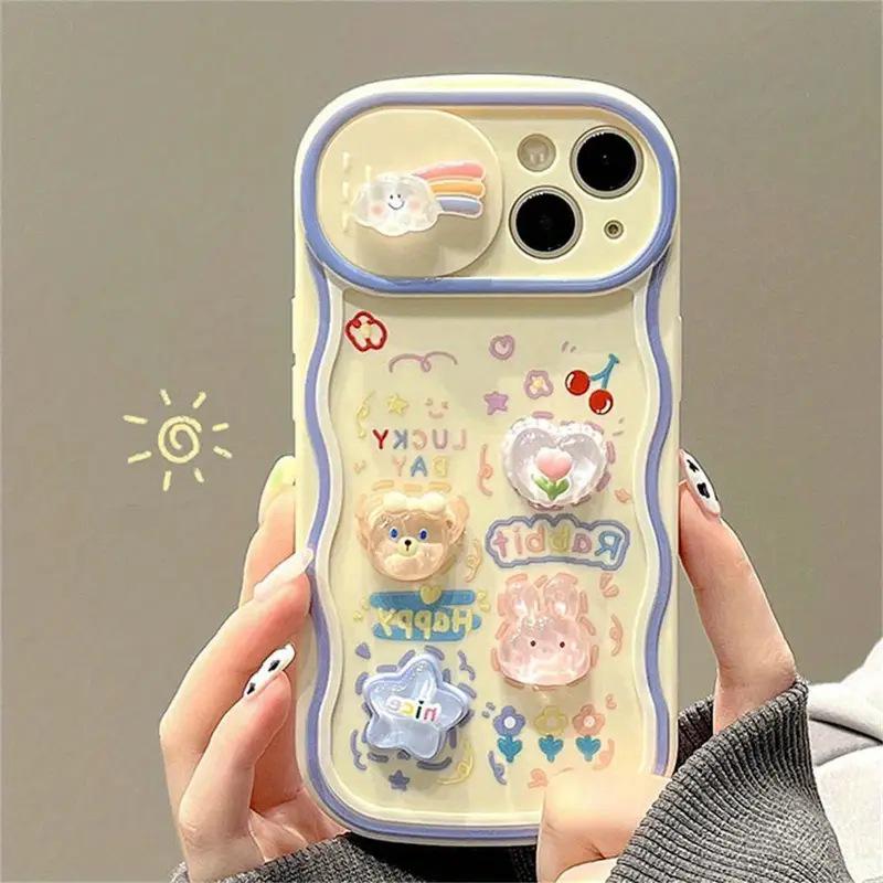 Korean 3D Bear & Rabbit Window Slide Camera Case for iPhone 16, 15, 11