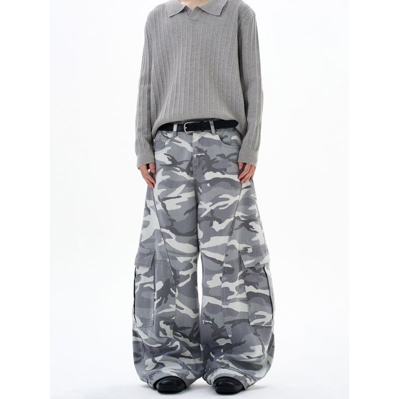 Kisko American High Street Gray and White Camouflage Washed Wide-Leg Scimitar Jeans Unisex Trendy Brand Loose Straight Pants