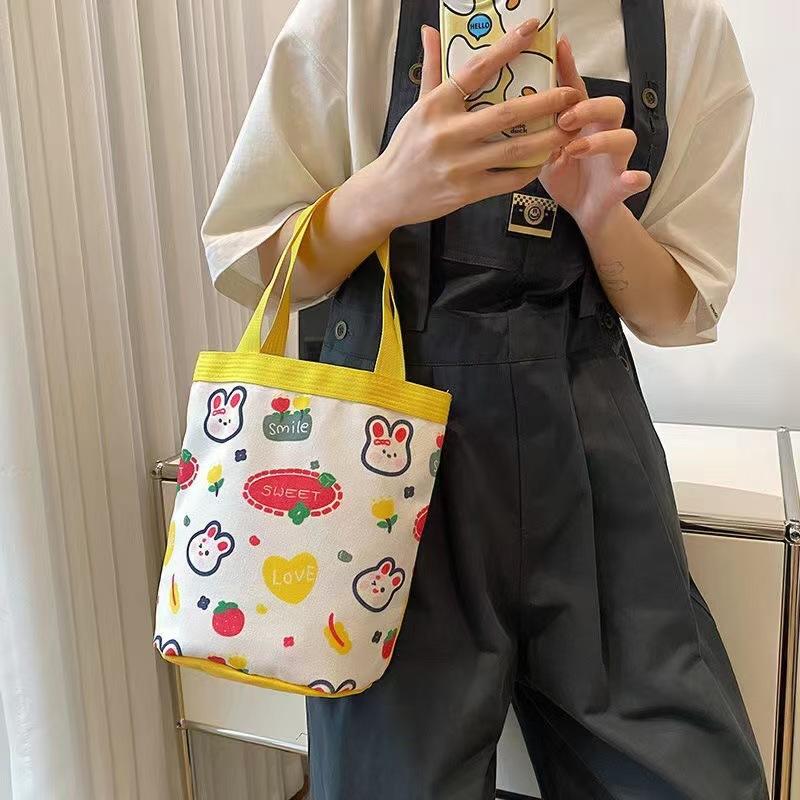 Cute illustration printed bucket bag handbag canvas bag girl heart bag bento bag work small bag