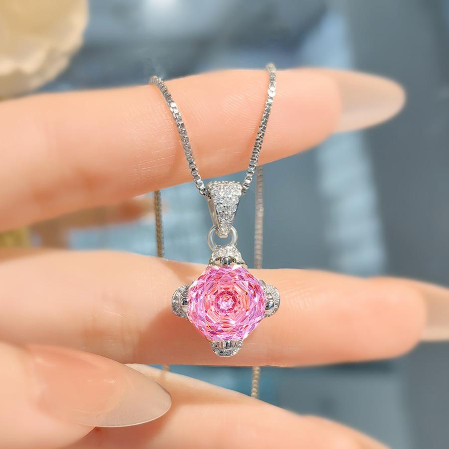 Octagonal Millennium Rose Cut Paraiba Necklace Pendant With High Carbon Diamond Colorful Diamond Stud Earrings Pink Diamond Ring Women