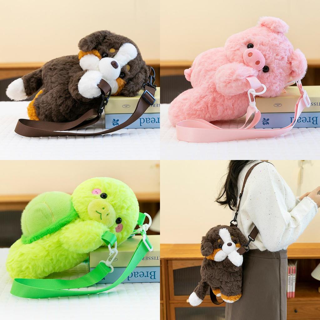 Animal Plush Backpack Puppy Piglet Kids Double Shoulder Bag With Detachable Zipper For Children