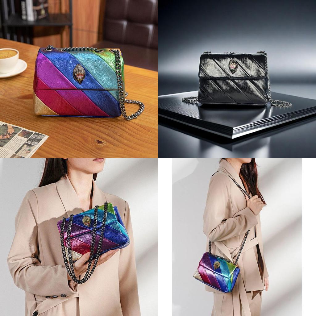 Stylish Colorful Rainbow Patchwork Shoulder Bag With Chain Strap For Women