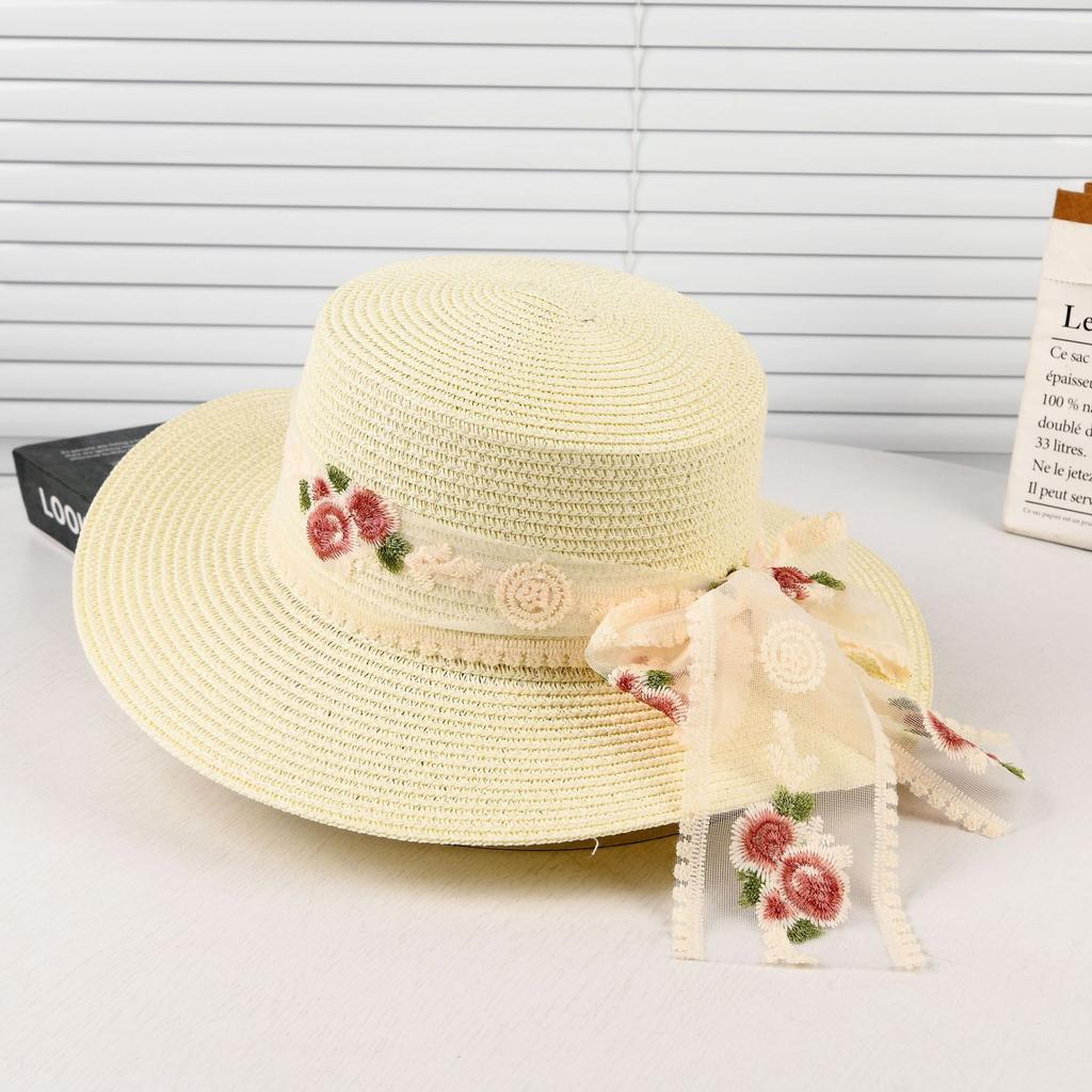 Lace Flower Flat Top Straw Hat Women'S Summer Sunscreen Sun Hat Outdoor Travel Seaside Beach Hat Fashion Top Hat