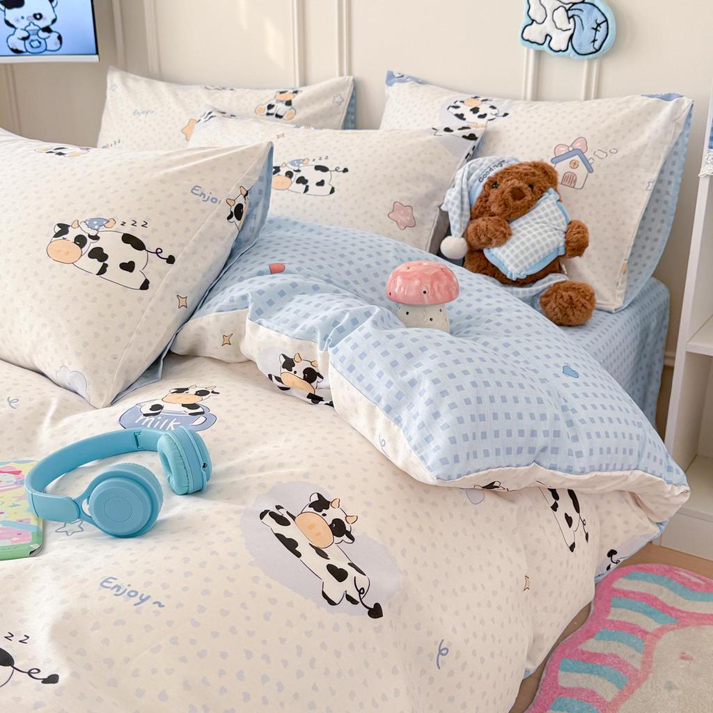 Bavlněné povlečení s kresleným potiskem na jaro a léto: Měkké, Šetrné k pokožce, Svieží styl, 4dílné.