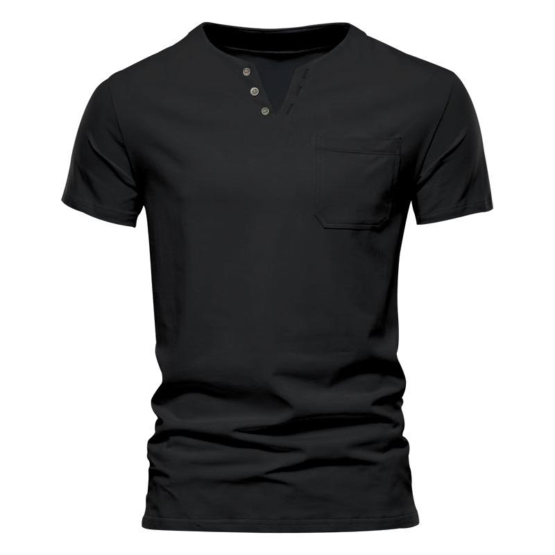Summer Casual T-shirt Men's Fashion Trend Sports Slim Solid Color V-neck Pocket Men's Top