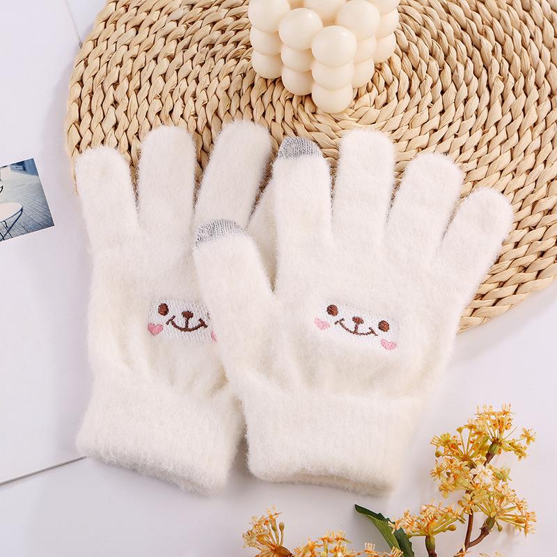 Smile Face Printing Gloves Mobile Phone Touchscreen Knitted Gloves Women Winter Thick Warm Adult Soft Mink Fluffy Gloves