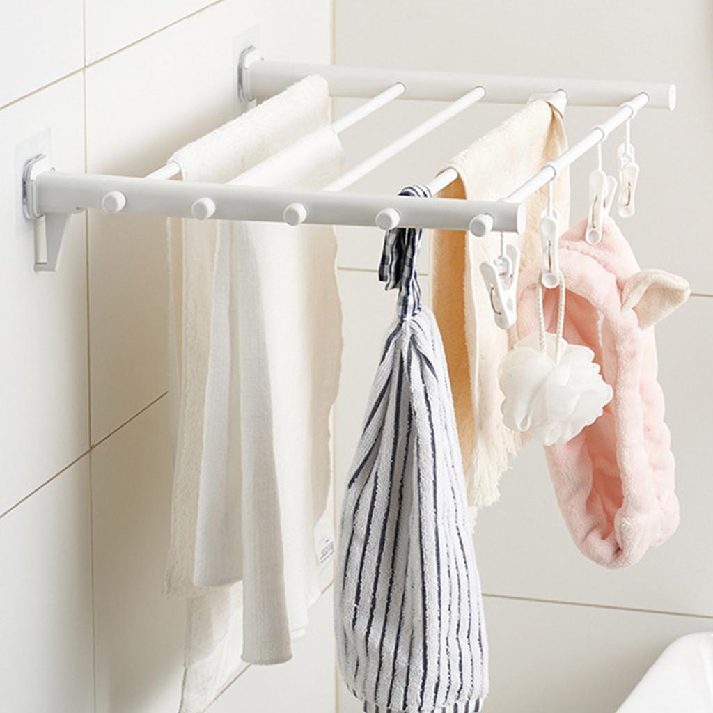 Wall Mounted Clothes Drying Rack Folding Telescopic Punch Free Plastic Laundry Rack for Indoor