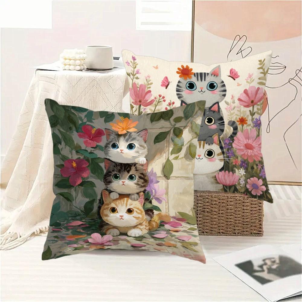 Cat-patterned Flower Arrangement Printing Pillow Cover Short Plush Suitable Living Rooms Bedrooms Sofas Throw Cushion Cover