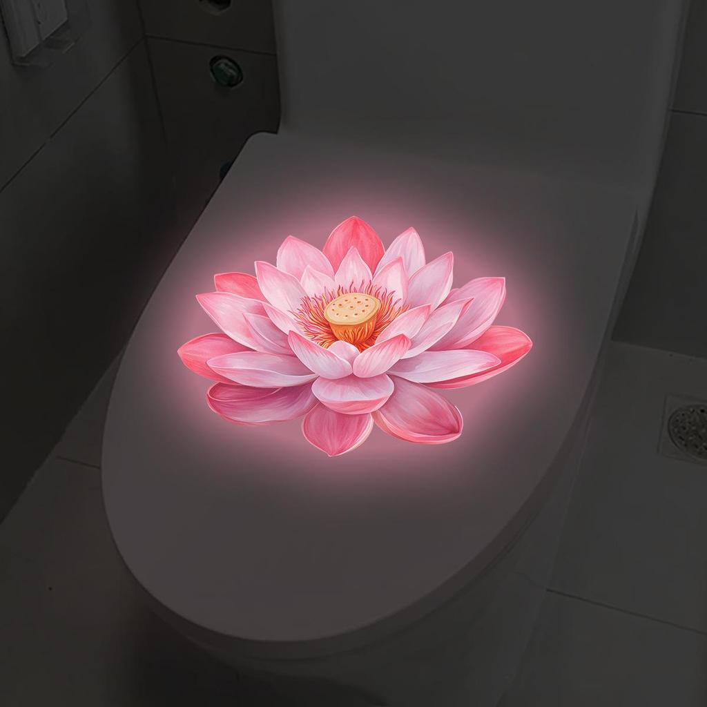 Pink Luminous Lotus Toilet Stickers, Chinese Zen-style Bathroom Decoration Stickers