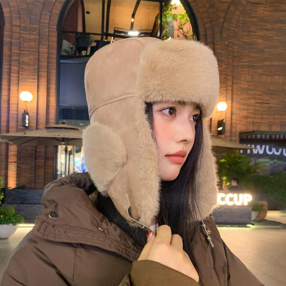 Windproof Faux Fur Pilot Cap Thickened Ski Pullover Cap Casual Ear Protection Hat Winter