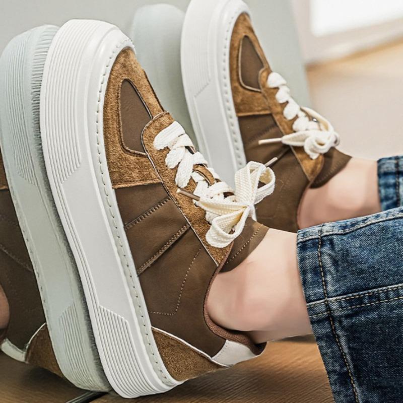Men Leather German Trainers, Platform Height Increasing Chunky Sole Casual Skate Board Shoes