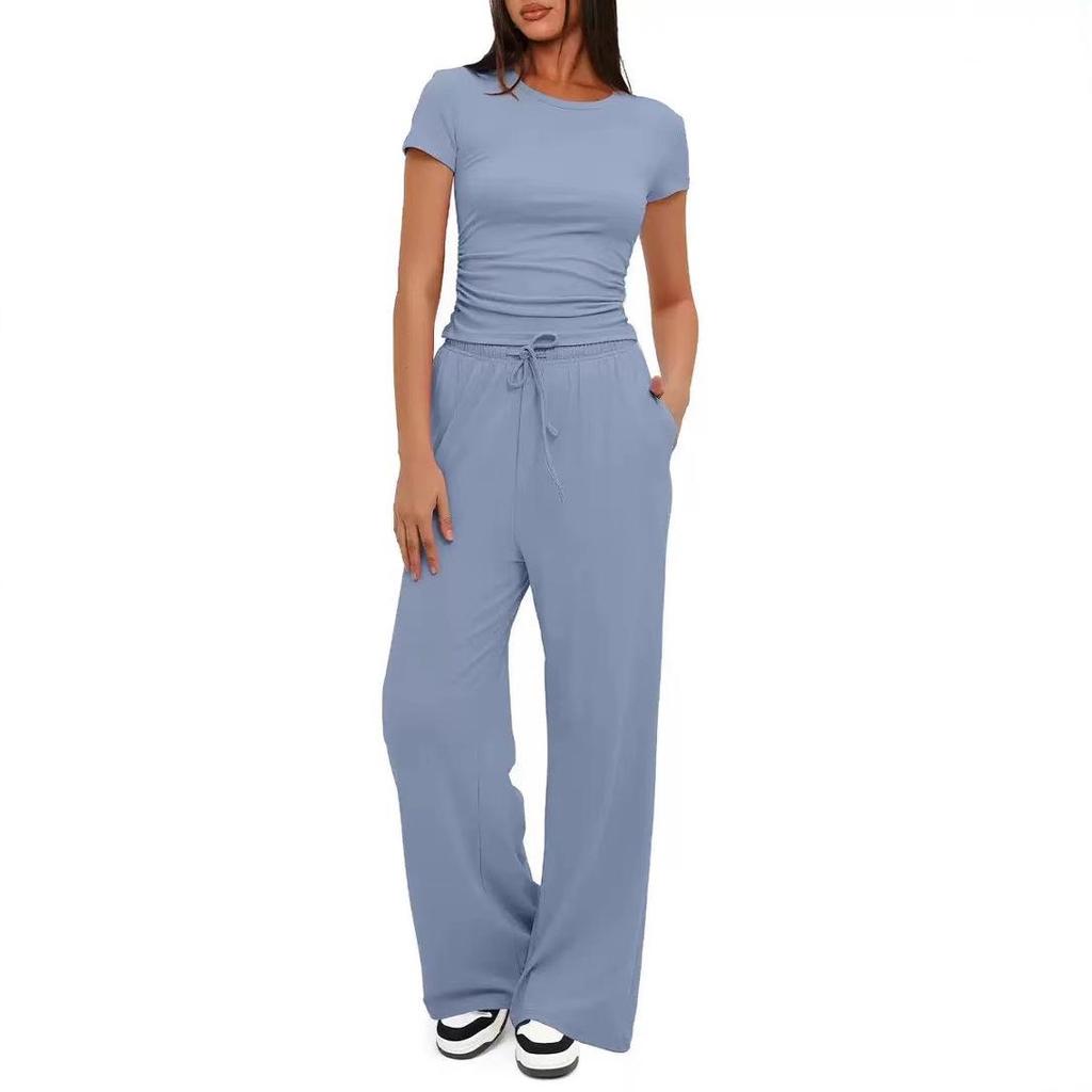 2026 European & American Women's Two-Piece Casual Set: Ruffled Short-Sleeve Top & Wide-Leg Pants