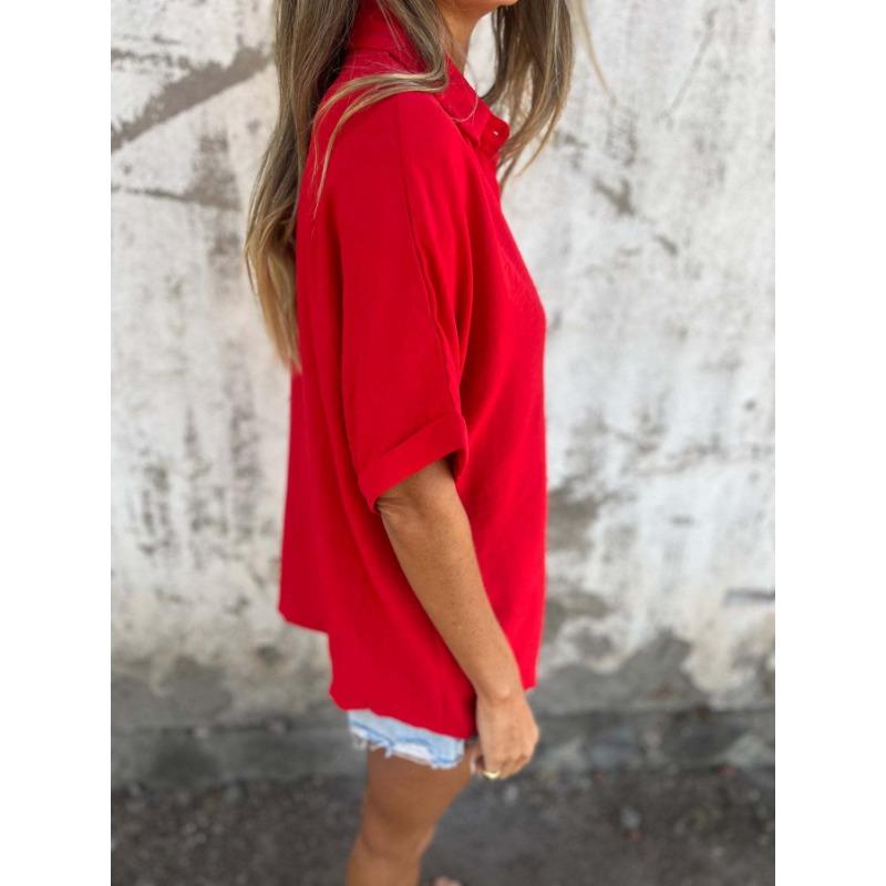 Womens Solid Button Down Short Sleeve Loose Casual Shirt