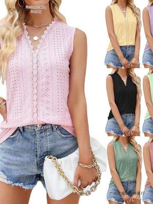 Summer European American Women's Sleeveless V-Neck Patchwork T-shirt Vest with Cutout Design
